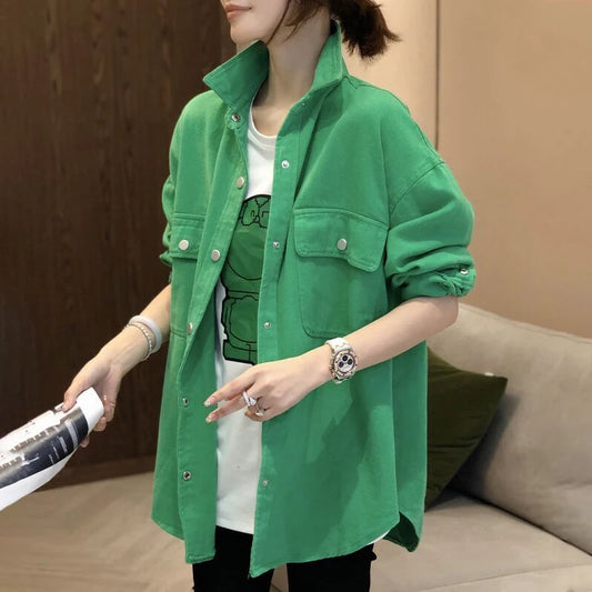 Women Fashion Korean Green Shirt Spring Autumn New Oversize Loose Solid Color Long Sleeve Blouses Comfortable Women's Clothing