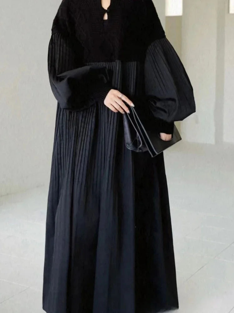 Korean Fashion Dress for Women 2023 Autumn Solid Diamond Checkered Sweater Patchwork Dress Streetwear Oversized Women's Clothing