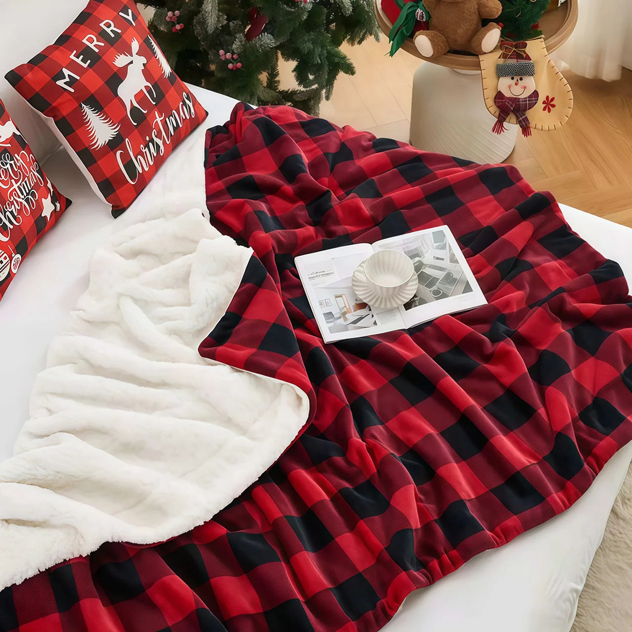 1pc Cozy Sherpa Fleece Buffalo Plaid Blanket - Sofa, Bed, And Outdoor Use - All-Season, Machine Washable, Soft Warm 4lbs, Weight