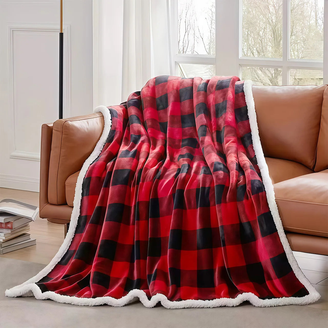 1pc Cozy Sherpa Fleece Buffalo Plaid Blanket - Sofa, Bed, And Outdoor Use - All-Season, Machine Washable, Soft Warm 4lbs, Weight