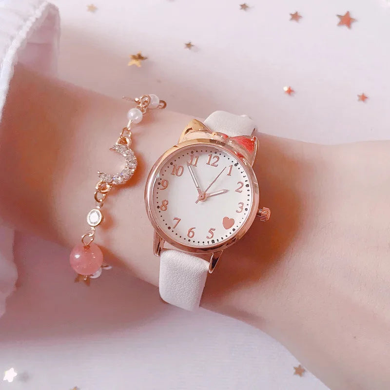 2024 Fashion Kids Love Digital Dial Children Set Watch Leather Strap Quartz Watches Kid Girls Clock Watch Bracelet Set Gift