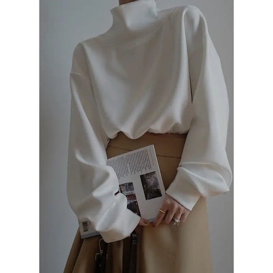 White Korean Fashion Women Winter T-Shirts New Half High Collar Long Sleeve Loose Drawstring Corset Affordable Solid Color Tops