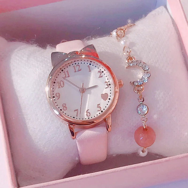 2024 Fashion Kids Love Digital Dial Children Set Watch Leather Strap Quartz Watches Kid Girls Clock Watch Bracelet Set Gift