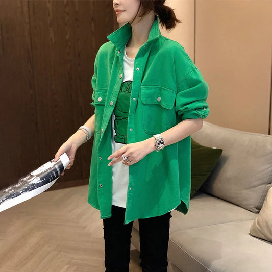 Women Fashion Korean Green Shirt Spring Autumn New Oversize Loose Solid Color Long Sleeve Blouses Comfortable Women's Clothing